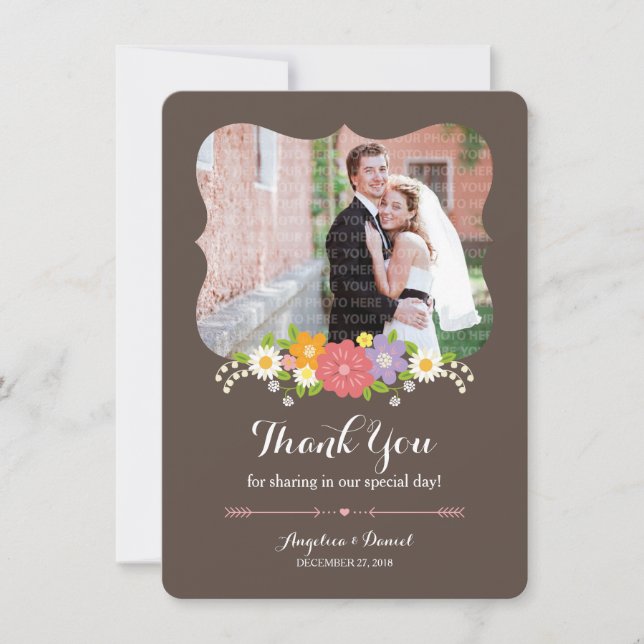 Boho Rustic Floral Wreath Wedding Thank You Card (Front)