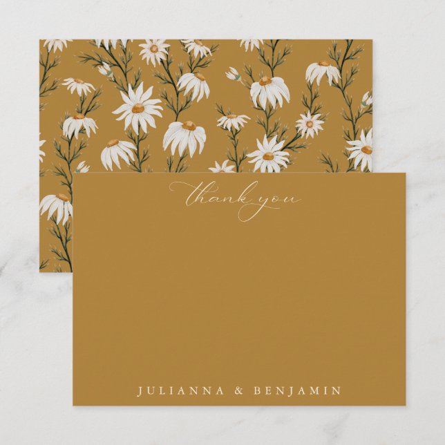 Boho Rustic Floral Yellow Wedding Custom Names Thank You Card (Front/Back)