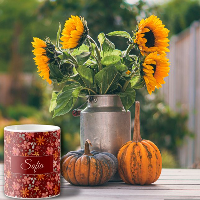 Boho rustic flower watercolor pattern dark red coffee mug (Creator Uploaded)
