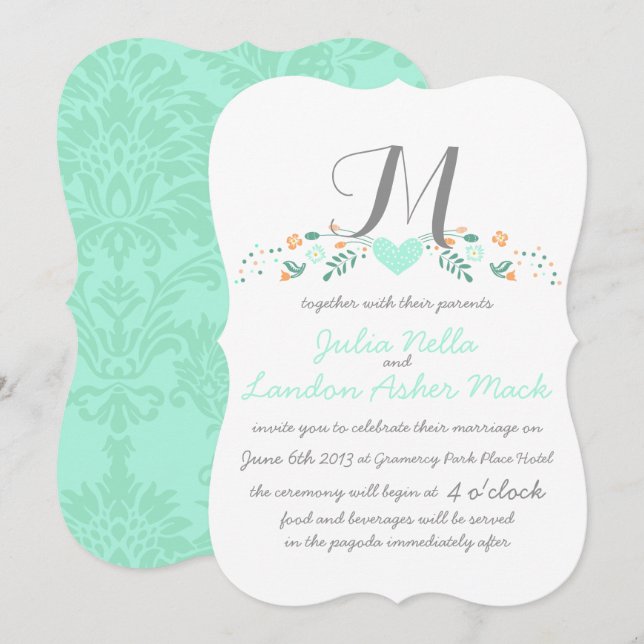 Boho Rustic Folk Art Mint Wedding Invitation (Front/Back)