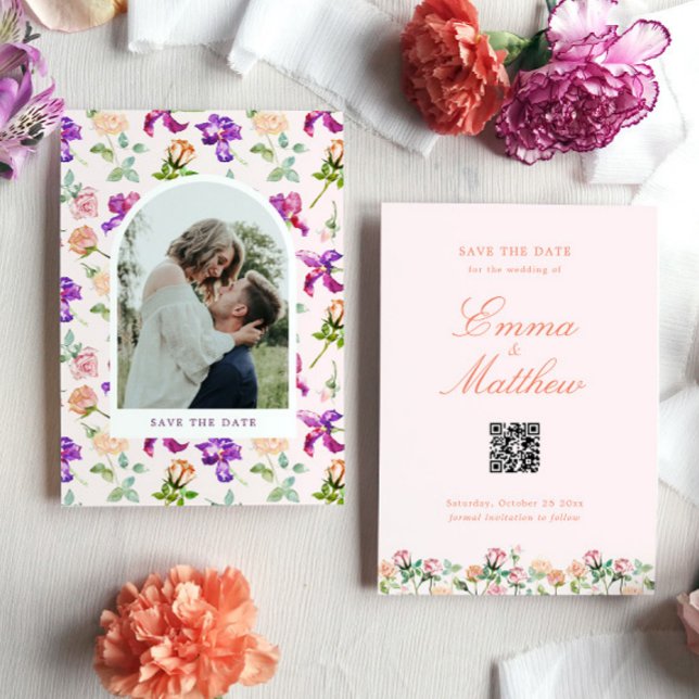 Boho Rustic Garden Photo Save The Date (Photo save the date card with watercolor flowers at the front and classic script + QR code at back)