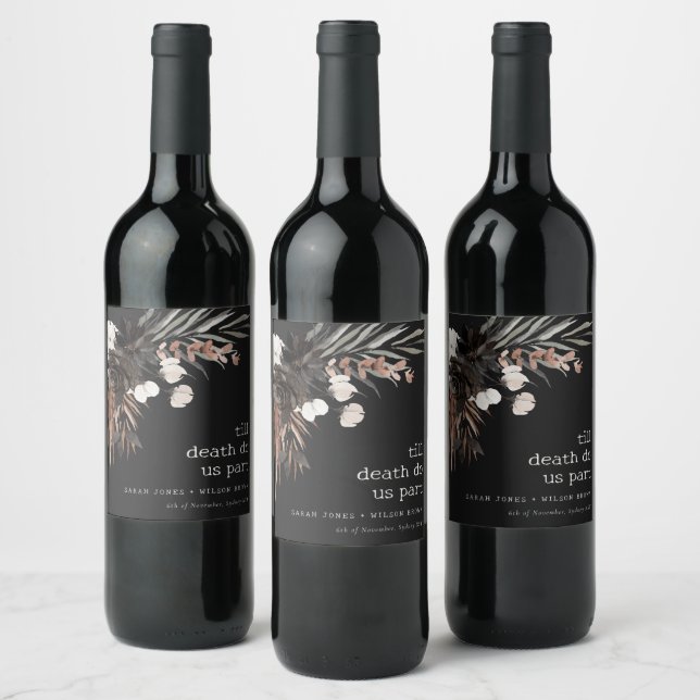 Boho Rustic Gothic Rust Black Botanical Wedding Wine Label (Bottles)