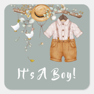 Boho Rustic Greenery Baby Boy Square Sticker