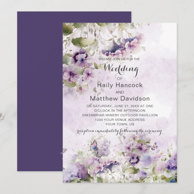 Boho Rustic Lavender Purple Floral Wildflowers  Invitation (Front/Back)