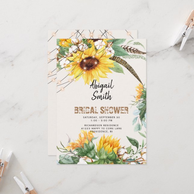 Boho Rustic Lights Sunflower Bridal Shower Invitation (Front/Back In Situ)