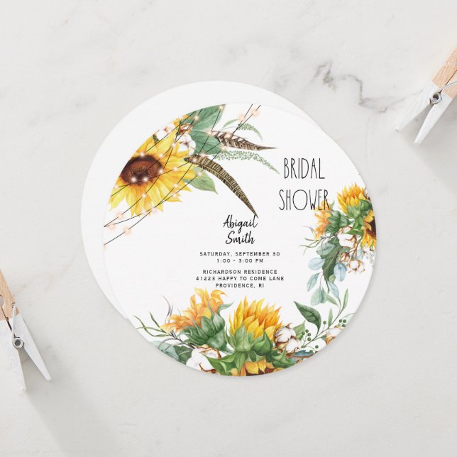 Boho Rustic Lights Sunflower Bridal Shower Round Invitation (Front/Back In Situ)