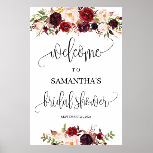 Boho rustic marsala floral bridal shower welcome poster