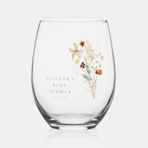 Boho Rustic Meadow Flowers Floral Baby Shower Stemless Wine Glass