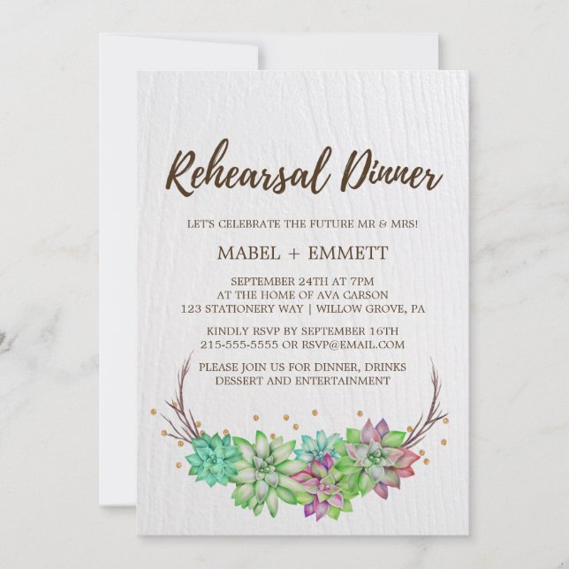 Boho Rustic Mint Floral Succulent Rehearsal Dinner Invitation (Front)