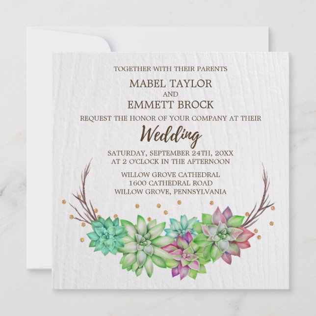 Boho Rustic Mint Floral Succulent Square Wedding Invitation (Front)