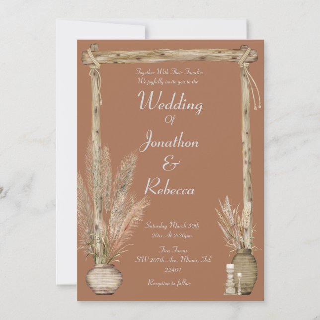 Boho Rustic Pampas Earthy Brown Wedding Invite (Front)