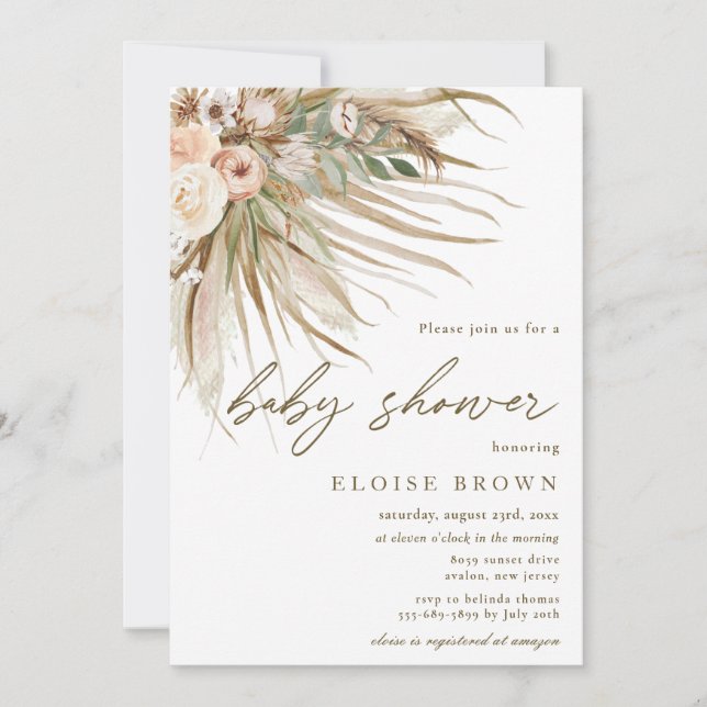 Boho Rustic Pampas Grass Floral Baby Shower Invitation (Front)