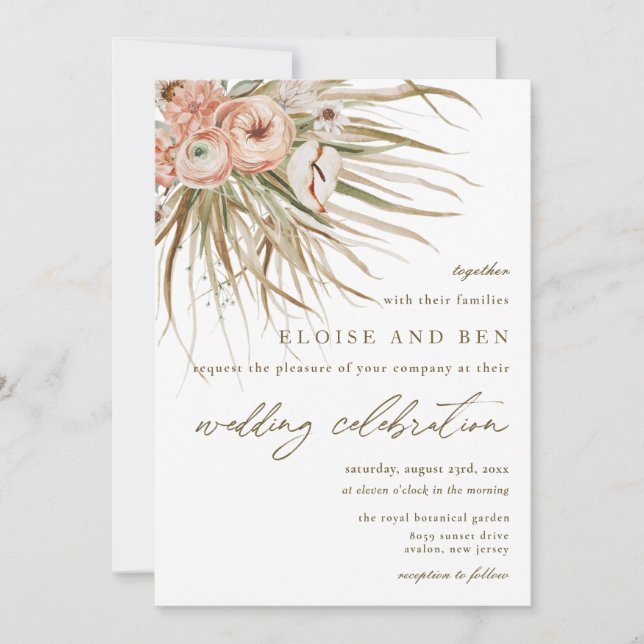 Boho Rustic Pampas Grass Peach Floral Wedding Invitation (Front)