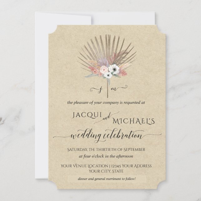 BOHO Rustic Pampas Grass Tropical Monogram Floral Invitation (Front)