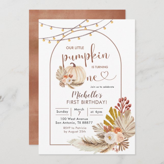 Boho Rustic Pampas Grass White Pumpkin Birthday Invitation (Front/Back)