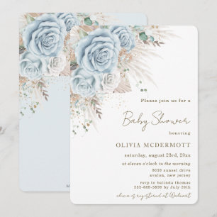 Boho Rustic Pampas Pastel Blue Floral Baby Shower Invitation