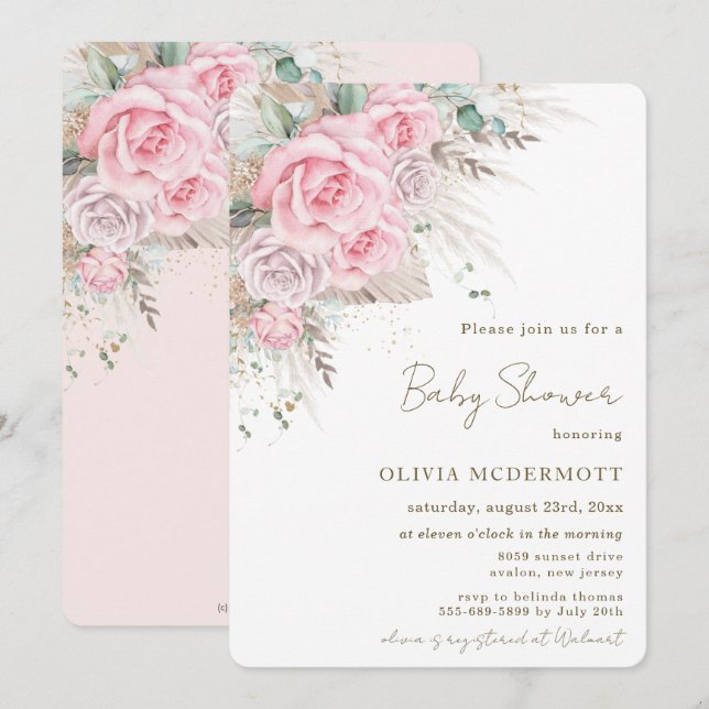 Boho Rustic Pampas Pink Floral Girl Baby Shower Invitation (Front/Back)