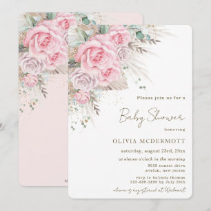 Boho Rustic Pampas Pink Floral Girl Baby Shower Invitation