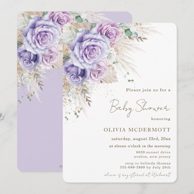Boho Rustic Pampas Purple Floral Girl Baby Shower Invitation (Front/Back)