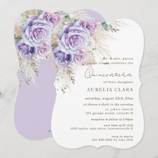 Boho Rustic Pampas Purple Lilac Floral Quinceañera Invitation