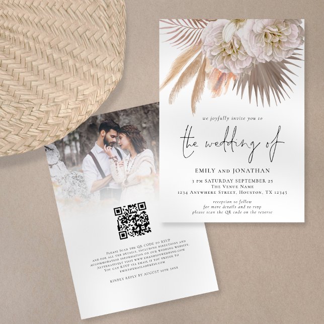 Boho Rustic Pampas Script QR Code Photo Wedding Invitation (Creator Uploaded)