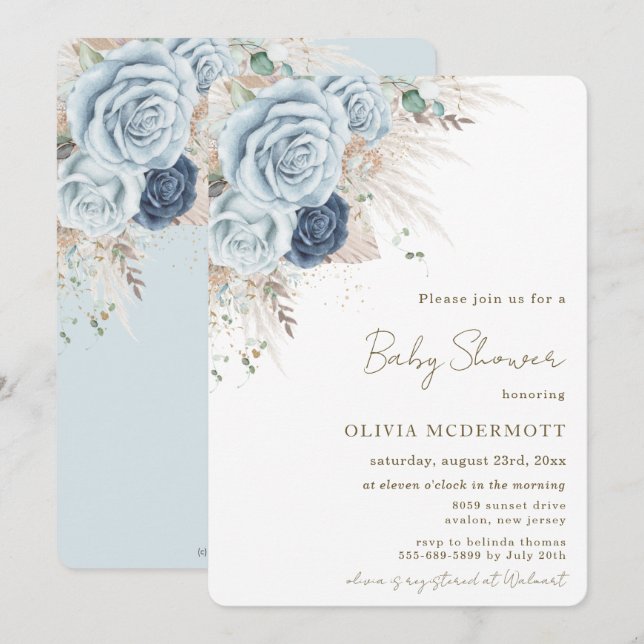 Boho Rustic Pampas Soft Blue Floral Baby Shower Invitation (Front/Back)
