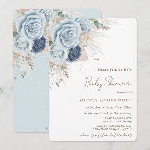 Boho Rustic Pampas Soft Blue Floral Baby Shower Invitation