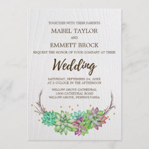 Boho Rustic Pink and Mint Floral Succulent Wedding Invitation