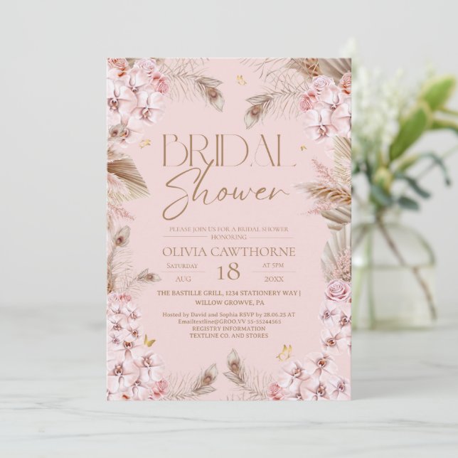 Boho Rustic Pink Bridal Shower Invitation (Standing Front)