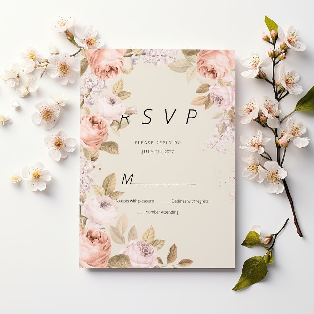 Boho rustic pink coral mauve ivory floral RSVP  Invitation (Boho rustic pink coral mauve ivory floral RSVP )