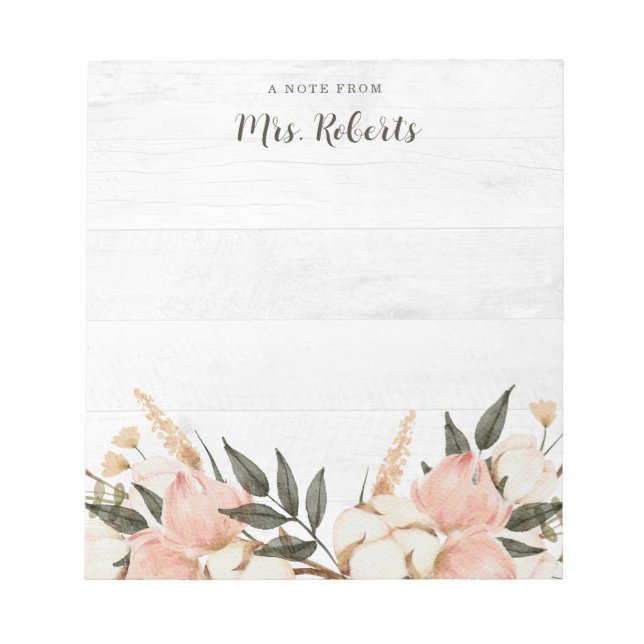 Boho Rustic Pink Floral Teacher Notepad (Front)