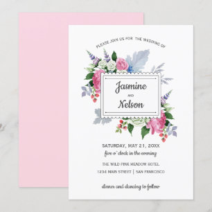 Boho Rustic Pink White Lavender Flowers Wedding Invitation
