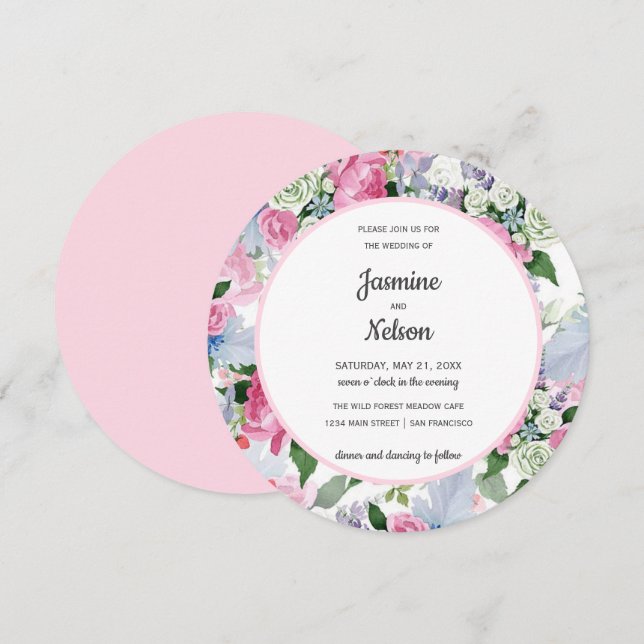 Boho Rustic pink white lilac blue flowers wedding Invitation (Front/Back)