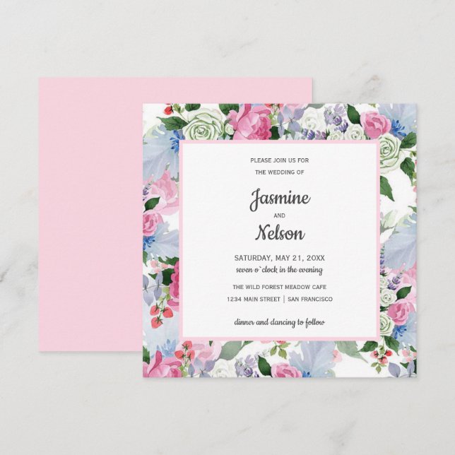 Boho Rustic pink white lilac blue flowers wedding Invitation (Front/Back)