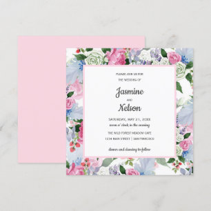 Boho Rustic pink white lilac blue flowers wedding Invitation
