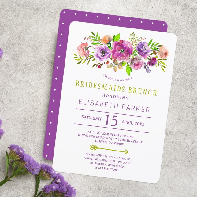 Boho rustic purple green floral bridesmaids brunch invitation (Creator Uploaded)