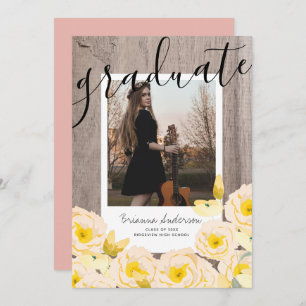 Boho Rustic Rose Floral Wood Photo Graduation Invitation