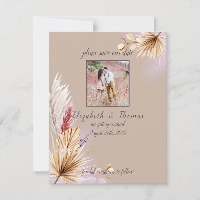 Boho Rustic Summer Pampas Grass Wedding  Save The Date (Front)