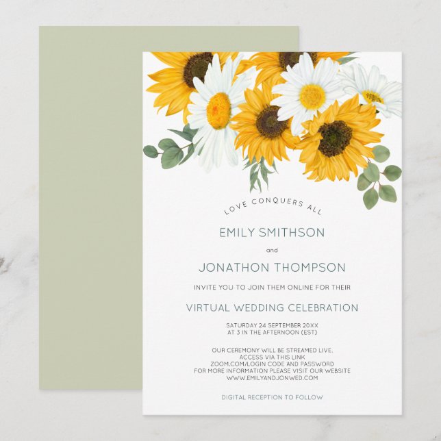 Boho Rustic Sunflowers Leaves Virtual Wedding Invitation (Front/Back)