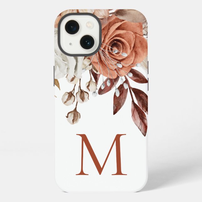 Boho Rustic Terracotta Florals Monogram Initial iPhone Case (Back)