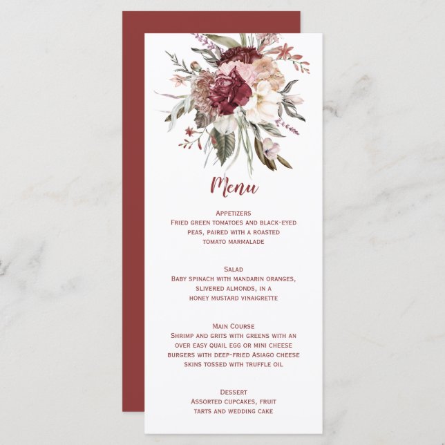 Boho Rustic Terracotta Peach Marsala Wedding Menu (Front/Back)