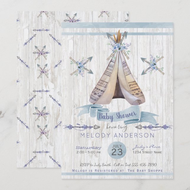 Boho Rustic Tipi & Arrows Blue Boy Baby Shower Invitation (Front/Back)