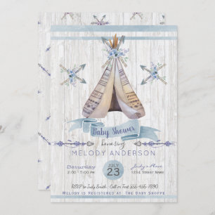 Boho Rustic Tipi & Arrows Blue Boy Baby Shower Invitation