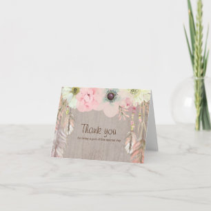 Boho Rustic Tribal Floral and Feather Thank You Card