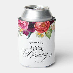 Boho Rustic Watercolor Floral 100th Birthday Party Can Cooler