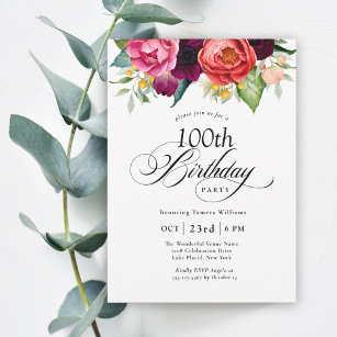 Boho Rustic Watercolor Floral 100th Birthday Party Invitation