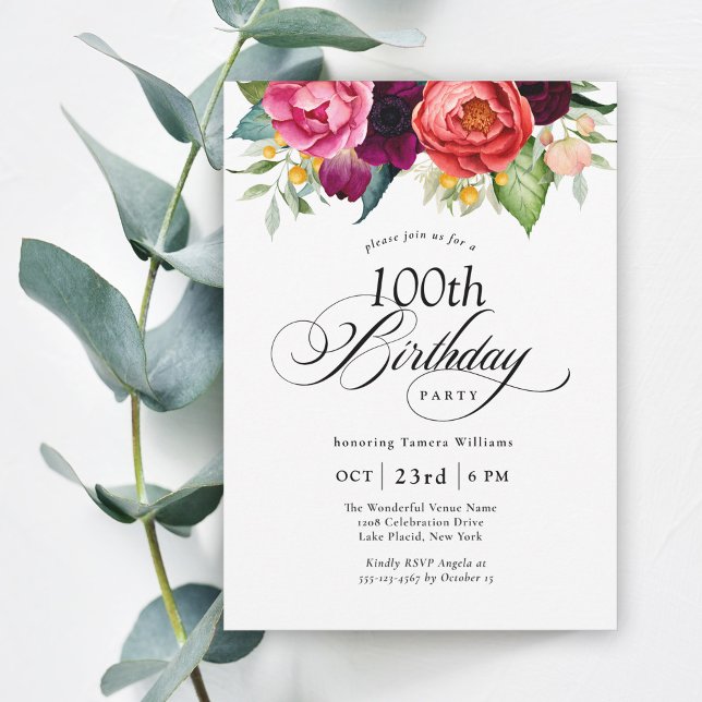 Boho Rustic Watercolor Floral 100th Birthday Party Invitation (Celebrate this milestone in lovely style!)
