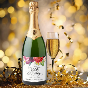 Boho Rustic Watercolor Floral 100th Birthday Sparkling Wine Label