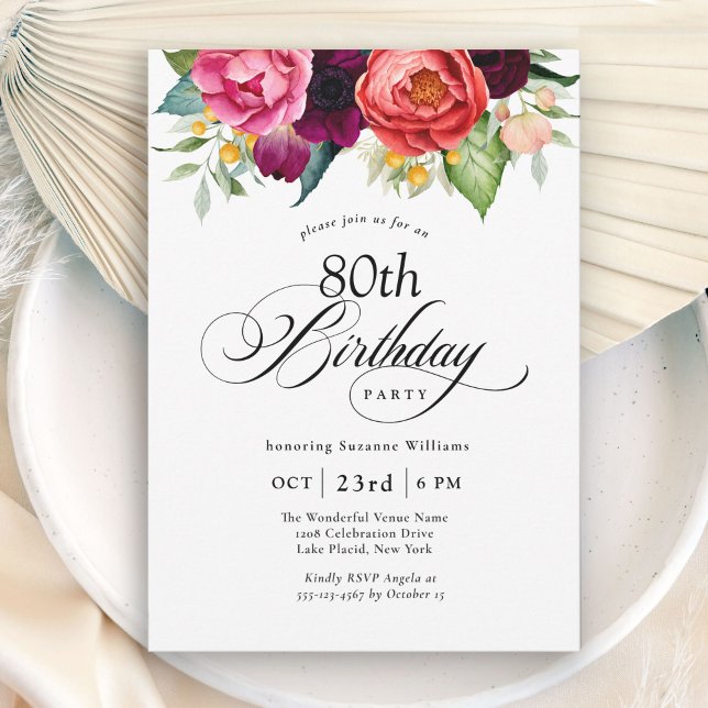 Boho Rustic Watercolor Floral 80th Birthday Party Invitation (Creator Uploaded)