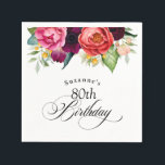 Boho Rustic Watercolor Floral 80th Birthday Party Napkin<br><div class="desc">With beautiful rustic boho style, this 80th birthday party napkin has a sumptuous rich colour palette in terracotta, deep peach, burgundy red, purple, teal and yellow. The lovely watercolor botanical elements have a nature-inspired organic appeal and make the design pop with style. Elegant calligraphy script spells out the word "Birthday"...</div>